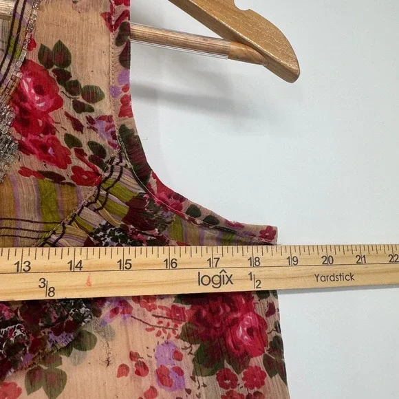Solitaire Shirt Women L Colorful Floral Beaded Boho Indie Fairy Semi Sheer - Picture 7 of 10